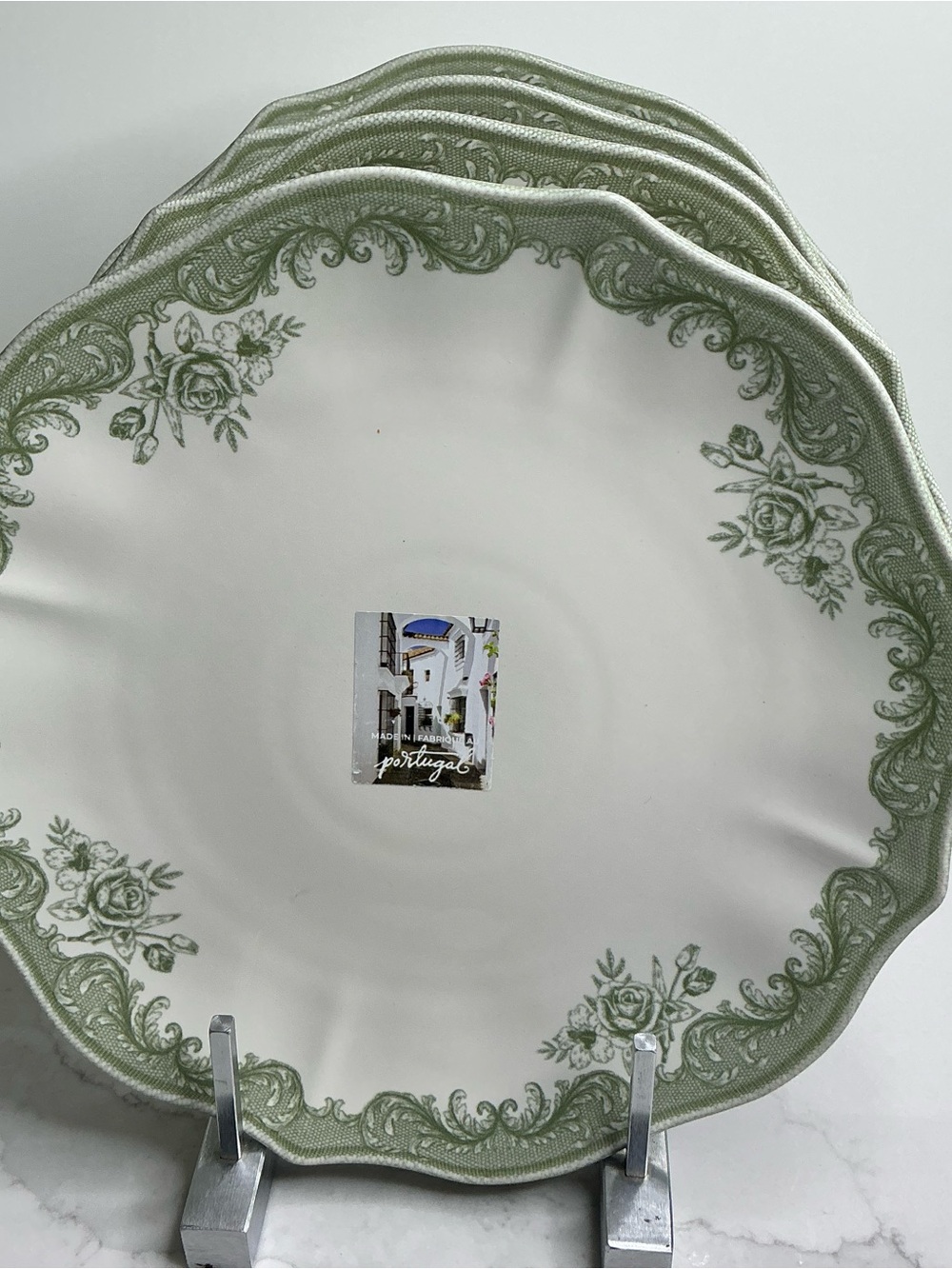 4 Matceramica Stoneware Dinner Plates Green Rose Scalloped 11” Portugal New